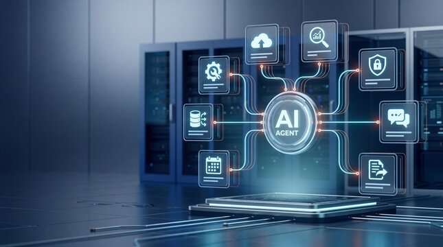 Futuristic AI Agent Concept Interface Connecting to Multiple Services and Operations within a Modern Dark Data Center Server Room Environment Representing Artificial Intelligence Automation
