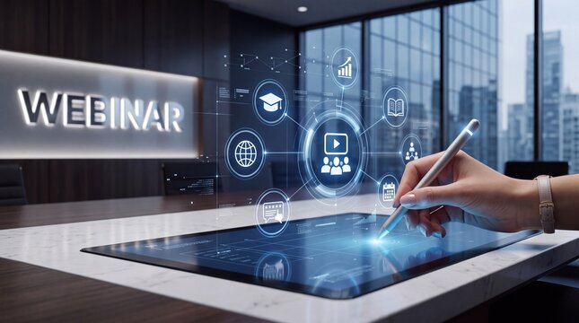 Hand using stylus on an interactive digital touchscreen for an online webinar and e-learning session featuring education, global connectivity, and data icons in a modern corporate office setting.