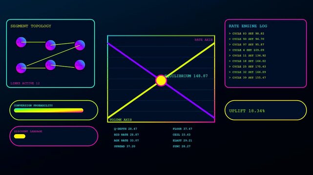 A sophisticated dynamic pricing interface displays real time market data points across three animated screens featuring neon lines nodes and fluctuating values in a dark environment