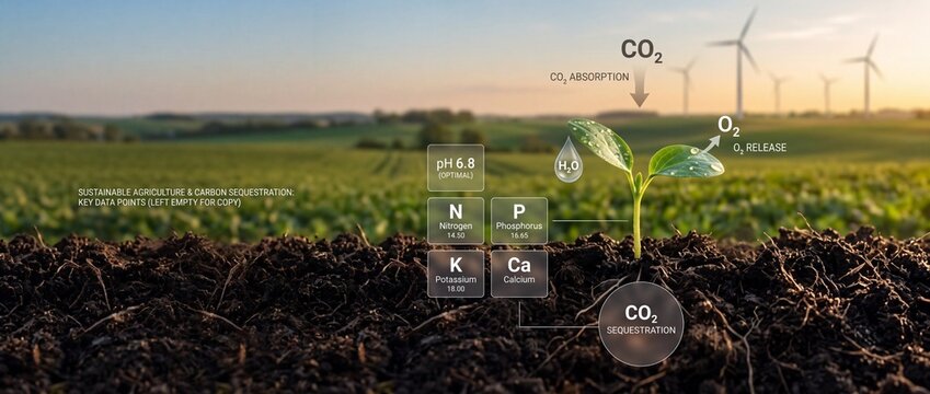 Sustainable agriculture and carbon sequestration concept showing a green sprout in soil with digital infographic icons for CO2 absorption, oxygen release, and soil nutrients with wind turbines.