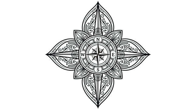Ornate Compass Rose with Floral Filigree Vector Illustration