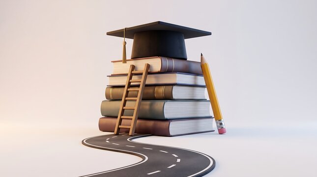 Educational pathway to success featuring a stack of study books topped with a graduation cap and a wooden ladder for academic advancement