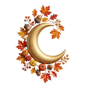 Golden crescent moon surrounded by autumn leaves and acorns for fall season decor