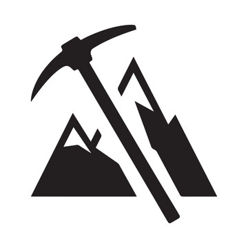 Pickaxe with mountain silhouettes against a white background