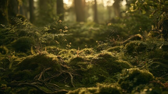 苔むした森の地面に生えるシダや小さな植物。自然や環境保護のイメージ素材