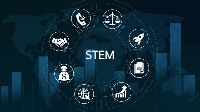 Stem education and global business technology concept with animated digital icons and map background