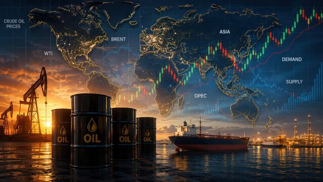 Crude oil barrels, an oil pump, and a tanker ship at a port with a world map and rising price chart overlay.