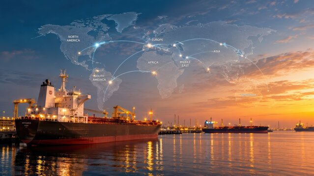  cargo ship at sunset with a digital world map overlay showing global shipping routes connecting major regions.