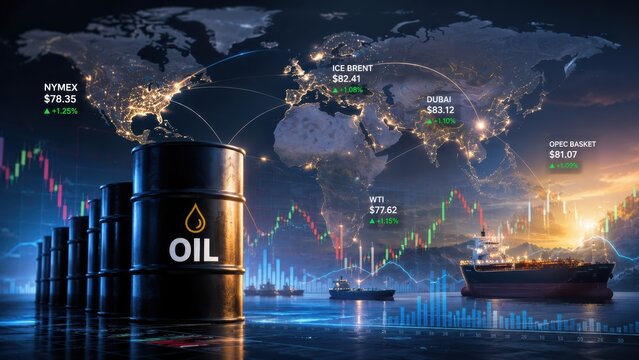 Global oil market overview with oil barrels, tanker ships, and price data linked to major trading hubs on a world map.