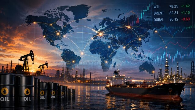 Global oil industry concept showing oil barrels, rigs, refinery, tanker ship, and a world map with trading data and network connections.