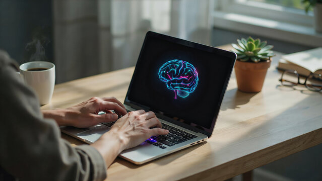 Person working on a laptop with a digital glowing brain illustration on the display screen with laptop computer showing graphic screen wooden person types neon brain