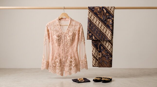 Elegant Traditional Indonesian Kebaya Lace Top with Dark Batik Sarong Fabric Displayed on a Wooden Rack for Wedding or Formal Cultural Attire