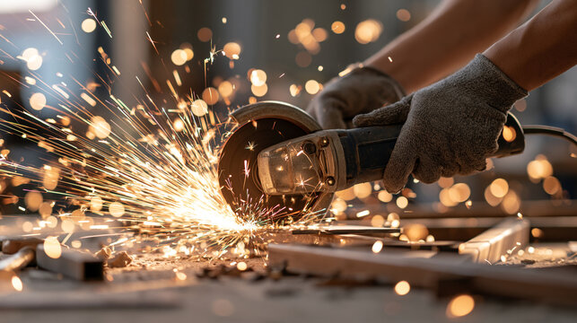 Angle Grinder Cutting Steel While Orange Sparks Scatter Forward