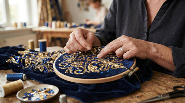 Artisan hands sewing gold sequins onto blue velvet fabric in a professional embroidery studio.