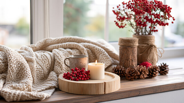 Autumn Home Still Life with Soft Throws Pinecones and Rustic Decor