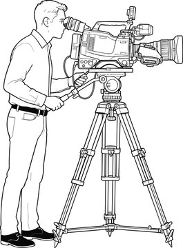 Professional cameraman operating television broadcast video camera on tripod stand line art style drawing graphic vector