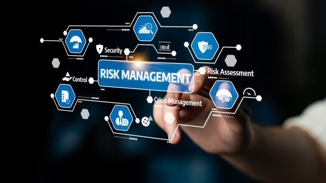 A hand interacts with a digital interface showcasing risk management concepts, emphasizing security, assessment, and crisis management in a modern business environment. Tessel