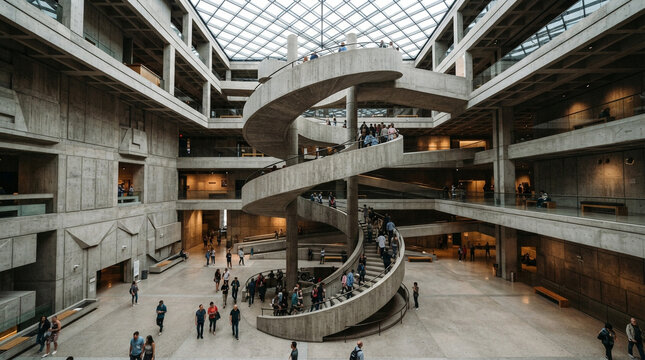 Brutalist concrete spiral staircase in a modern museum atrium with glass ceiling