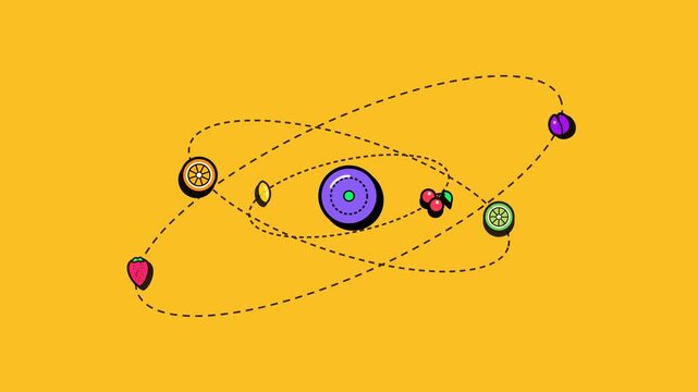Animated fruit icons orbiting on dotted paths yellow