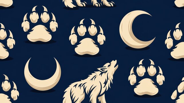 Seamless Pattern with Howling Wolf, Crescent Moon, and Paw Prints on Dark Blue Background for Nighttime or Wildlife Themes