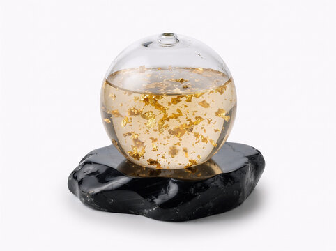 Glass sphere with gold flakes on a black stone base against a white background