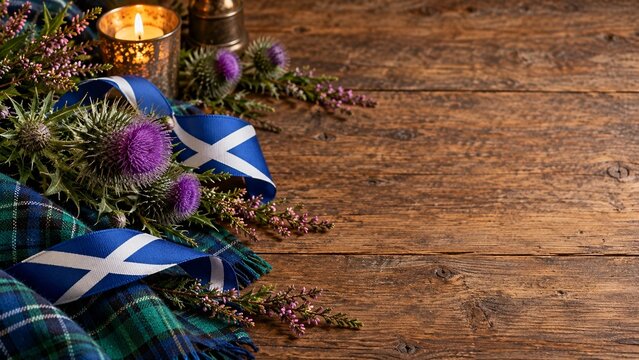 St Andrew's Day background with purple thistle flowers, Scottish tartan fabric, saltire flag ribbon, and warm candle light on rustic wooden surface with copy space for text.