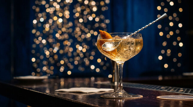 Elegant cocktail glass with mixing spoon on a bar counter against festive bokeh lights