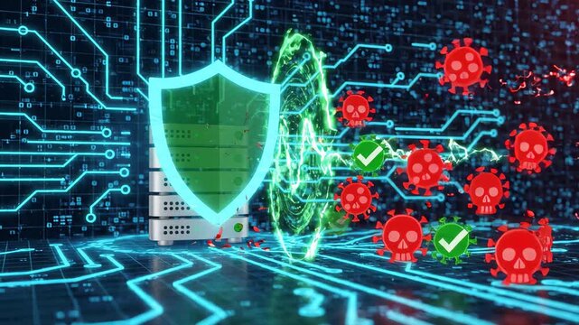 digital protective shield blocks red virus icons from infecting server inside high-tech data center with glowing blue circuit board background representing cybersecurity defense system