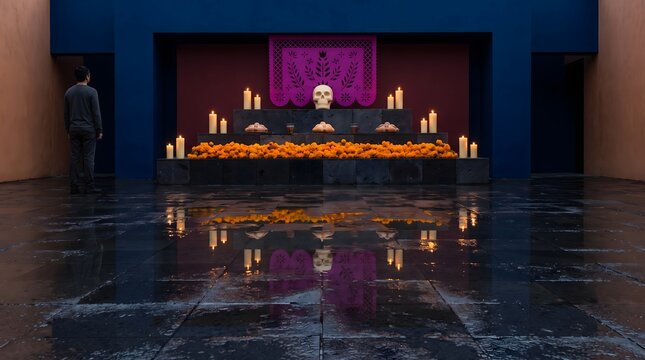 A man stands before a traditional Day of the Dead altar adorned with candles, marigold flowers, and a central skull, set against a dark blue and brown wall.