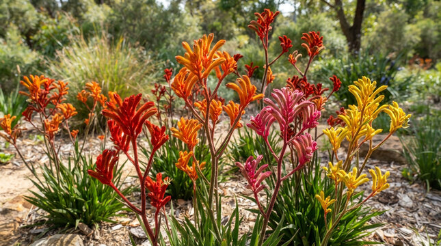 Vibrant Kangaroo Paw flowers in a sunny Australian garden, Anigozanthos native plant display.