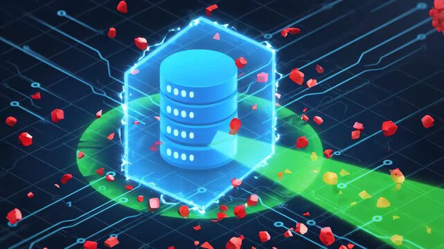 blue digital database server protected by glowing force field while being attacked by red floating virus cells against dark technological circuit board background