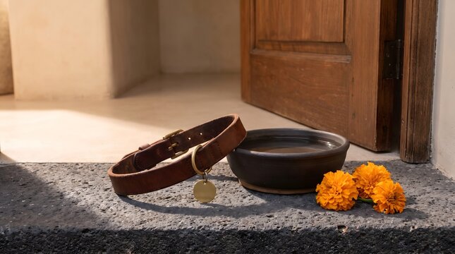A brown leather pet collar with a metallic tag rests beside a dark bowl and three orange flowers on a concrete step in front of an open wooden door.