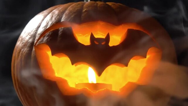 Glowing Halloween pumpkin with bat carving and smoke at night