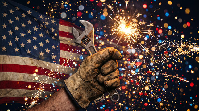 Labor Day Work Concept with Gloved Hand Gripping Wrench and American Flag