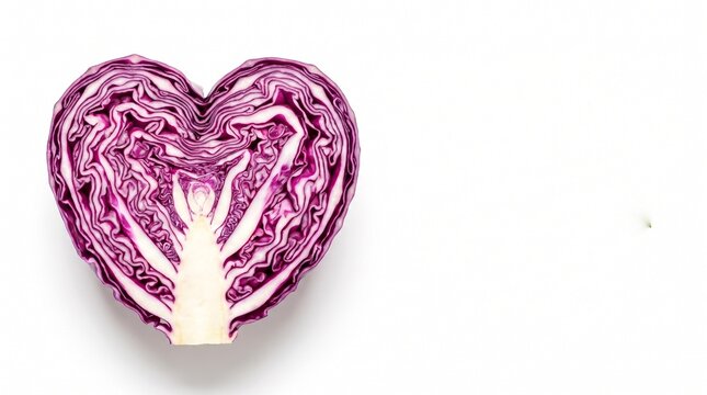 Heart-shaped red cabbage half isolated on white background with copy space
