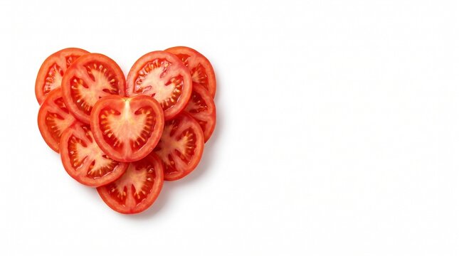 Fresh sliced tomatoes arranged in a heart shape on a clean white background with space for text