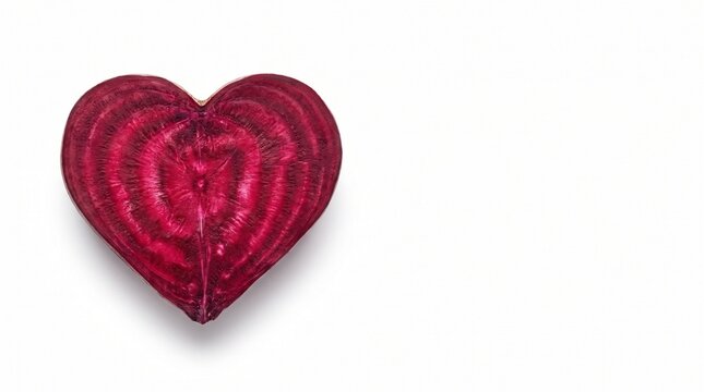 Heart-shaped sliced beetroot half isolated on white background with copy space