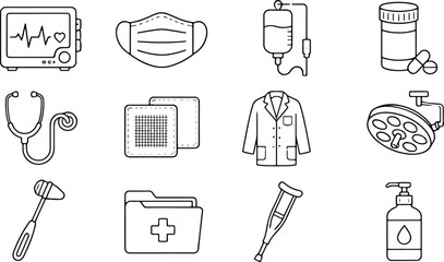 Fototapeta premium Medical and Healthcare Icon Set in Simple Line Art Style