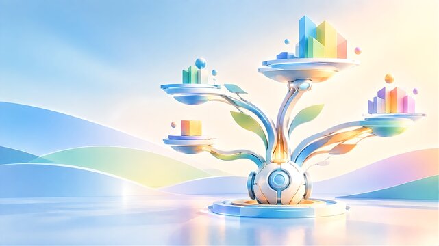 Futuristic Robotic Tree Growing Financial Charts Concept for AI Sustainable Business Investment and Growth.