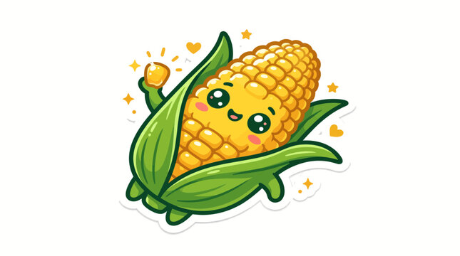 Cute kawaii corn character waving with happy face sticker