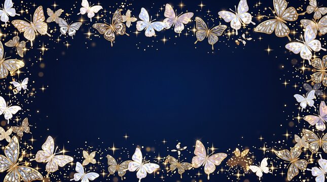 Elegant golden crystal butterflies forming a rectangular frame with glowing star dust on dark blue background, luxury fantasy fairy tale greeting design with copy space