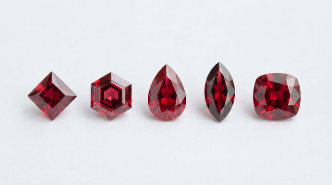 Five vibrant red gemstones with various cuts arranged in a row on a white background