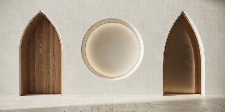 Architectural wall with two pointed arches and a central circular recessed niche opening