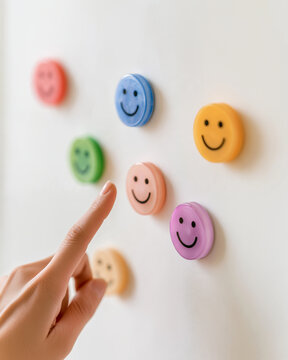 A Hand Reaches for Happiness: A fingertip gently touches a smiling face magnet, surrounded by a spectrum of colorful smiley faces on a neutral background.