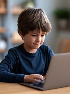 パソコンを操作している子供の姿。オンライン学習や家庭学習のイメージ素材