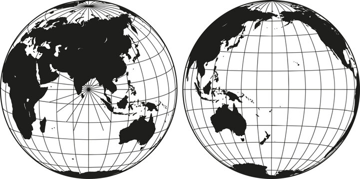 Vintage planet earth globes showing world continents map silhouettes and geographic grid lines hemisphere hemispheres set
