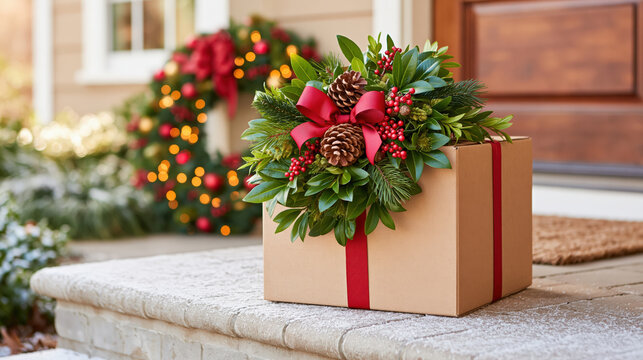 Gift box with festive wreath and bow on front porch for winter holiday