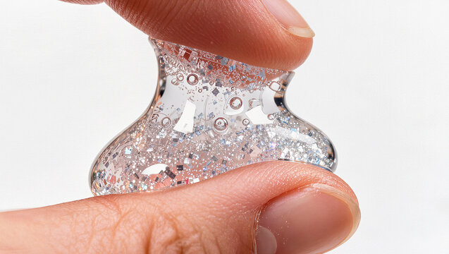 Fingers pinching clear glitter filled gel on white, sparkling cosmetic texture and sensory concept with copy space for text