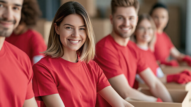 Group of young volunteers wearing red shirts smiling and packing boxes indoors