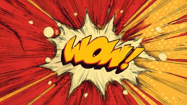 A vibrant comic book style speech bubble with the word wow exploding on red background with against dynamic background book explosion graphic